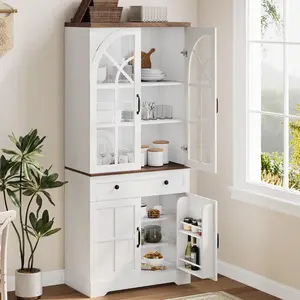 Garvee Farmhouse Pantry Cabinet, 71.9" Tall Freestanding Kitchen Cabinet with Tempered Glass Doors& Anti-Tip Design for Kitchen, Dining Room & Living Room,White