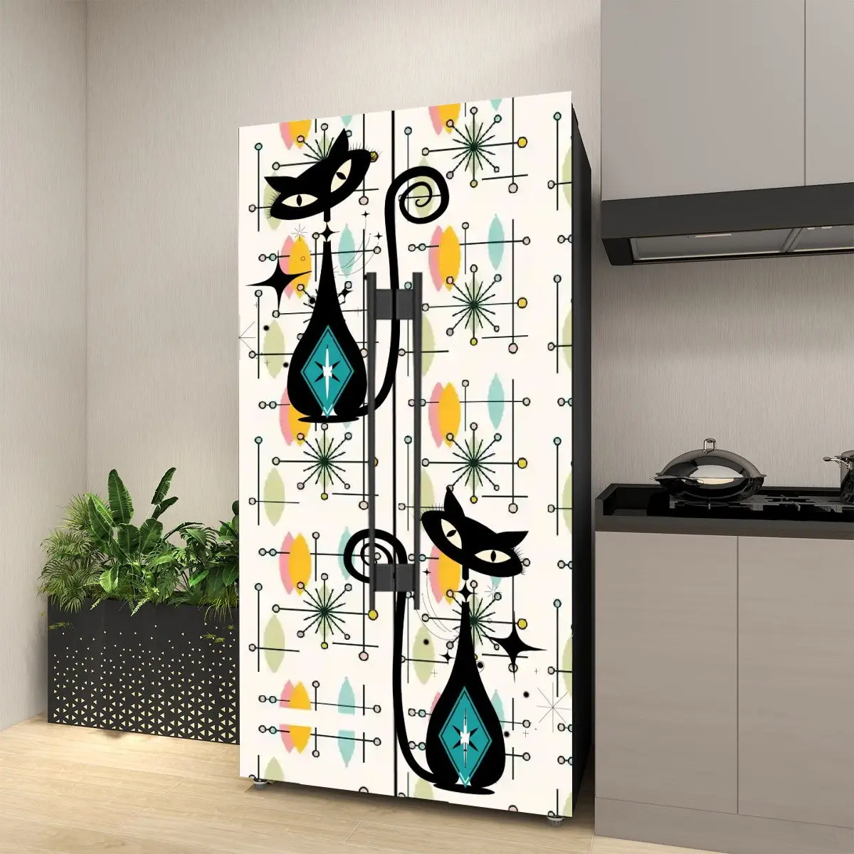 Atomic Cat Mid Century Modern Starburst, Retro Mod Self Adhesive Refrigerator Wrap Set