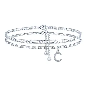 Hot-Selling 26 Alphabet Letter Anklet Silver Zircon Letter Anklet Simple Fashion Rice Bead Double Layer Anklet gold ankle bracelet