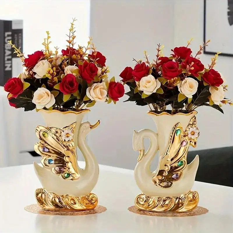 2pcs modern ceramic vase, swan vase Suitable for flowers and fake plants, fake grass, rose petals Suitable for living room, dining table, bedroom, balcony, suitable for Christmas, decorative household products, plant Vase arrangement Set