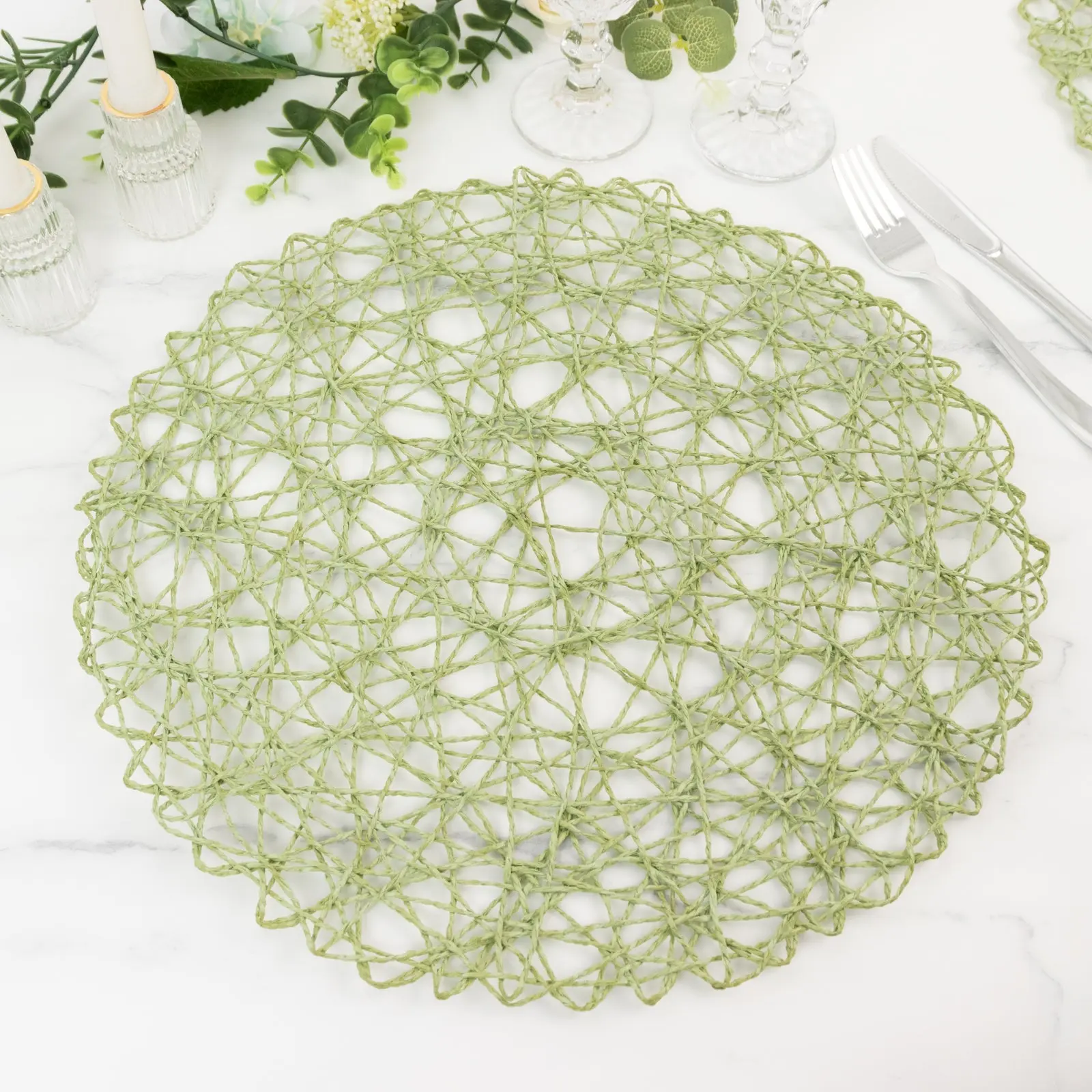 6-Pack Woven Fiber Table Placemats 15" Round Design Sage Green - Disposable Dining Mats
