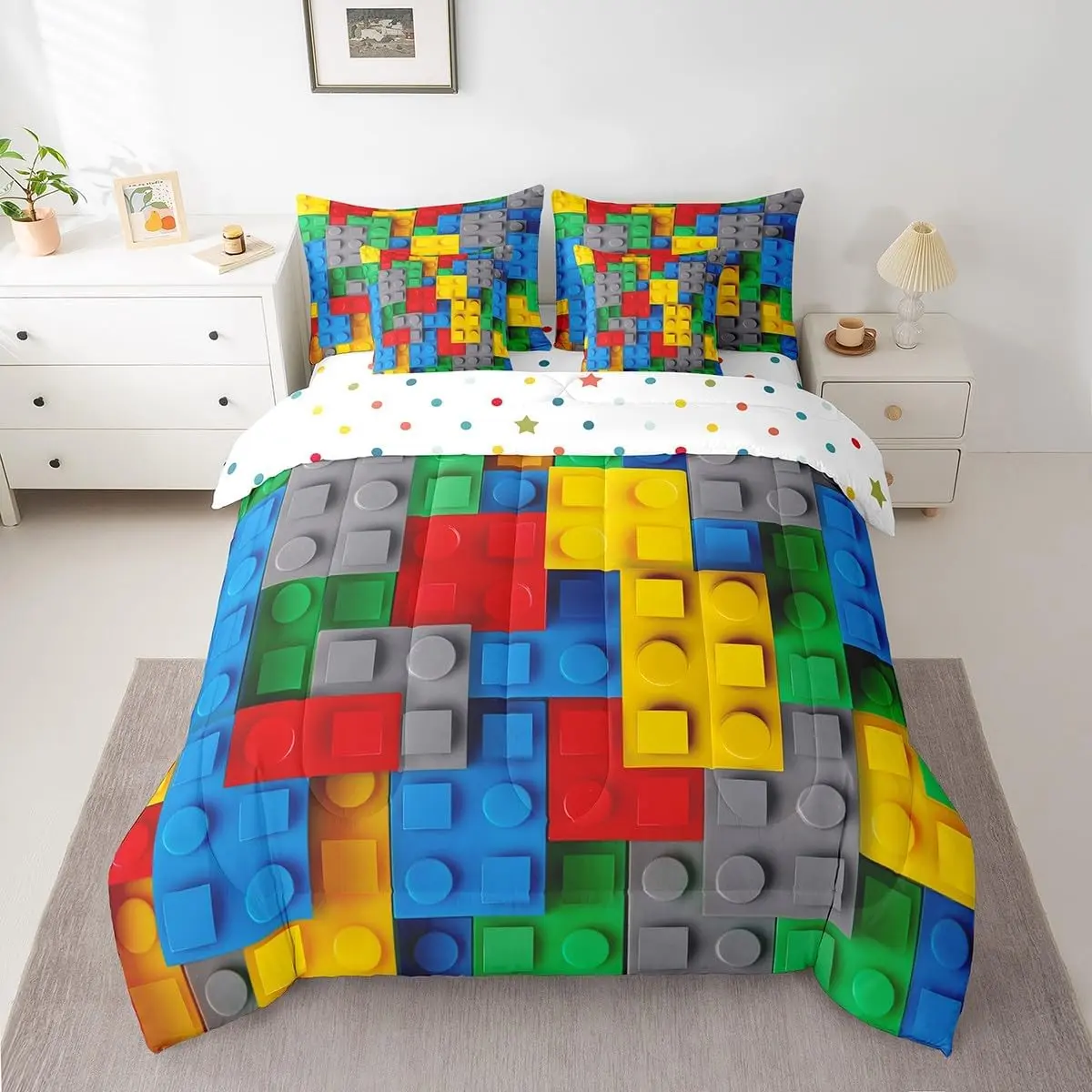 Feelyou 7-Piece Ultra-Soft Microfiber Bedding Set - Bed Sets Supplies with 3D Multi-Color Construction Building Blocks Comforter, Gradient Rainbow Bricks Sheets, Cartoon Pattern Blanket, Kids Pillow, Halloween & Thanksgiving Room Accessories, Valentine's,