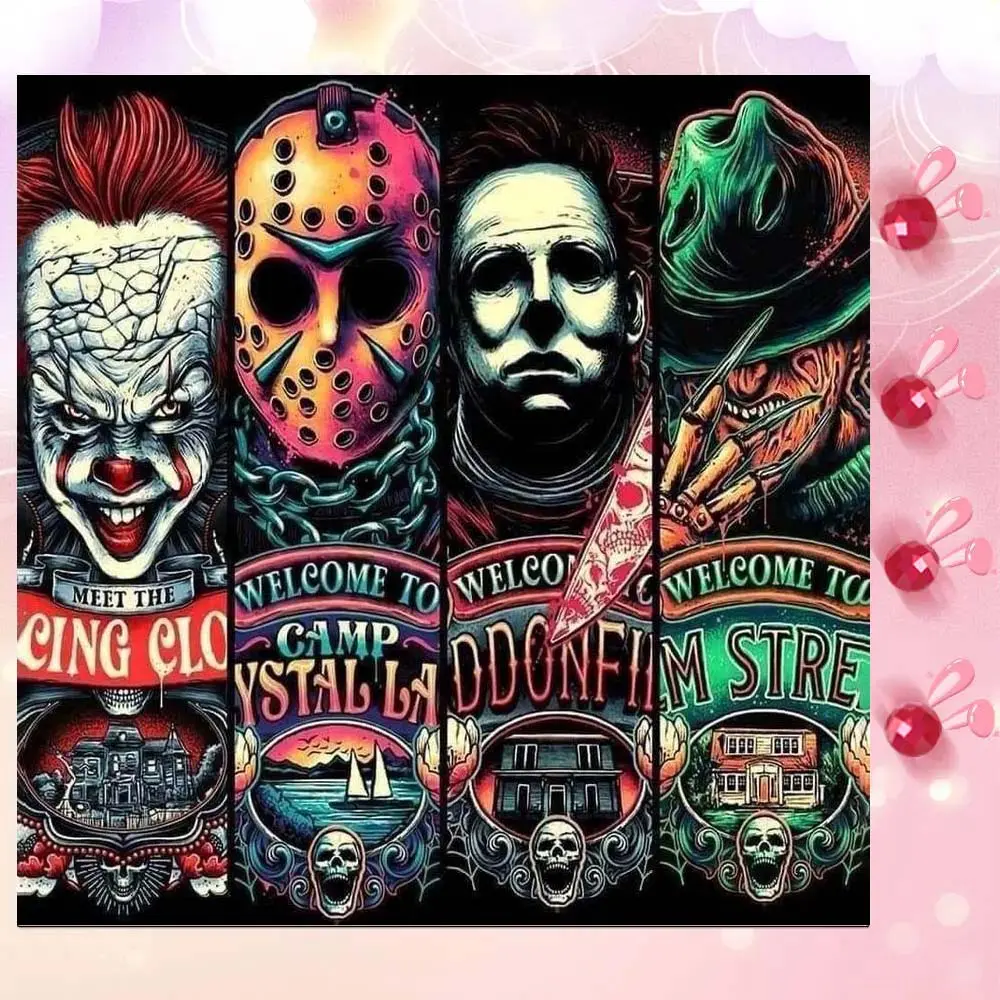 5D DIY Full Drill Round Diamond Painting - Diamond Art Painting Kit, Scary Masks, Haunted House, Small Boat Mosaic, Canvas - DIY Wall Decoration, Home Wall Decor, Suitable for Halloween, Christmas, Birthday, and Anniversary Gifts