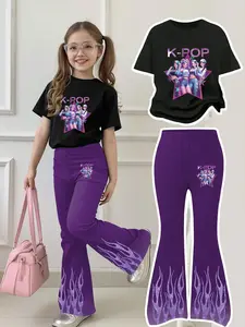 Girls' K-Pop Flame Bell Bottoms Set, Round Neck Short Sleeve & Flare Pants, Casual Fitted Style, All Seasons, Fine Girls Outfit