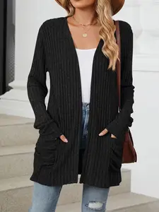 Elegant Plus Size Knit Cardigan Jacket for Women, Fall Winter Fashion Comfortable Fit Elastic Long Sleeve Coat with 2 Pockets