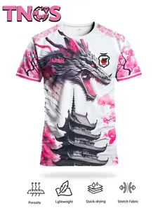Japanese dragon and cherry blossom 3D printed men's football T-shirt, summer men's and women's breathable short-sleeved shirt