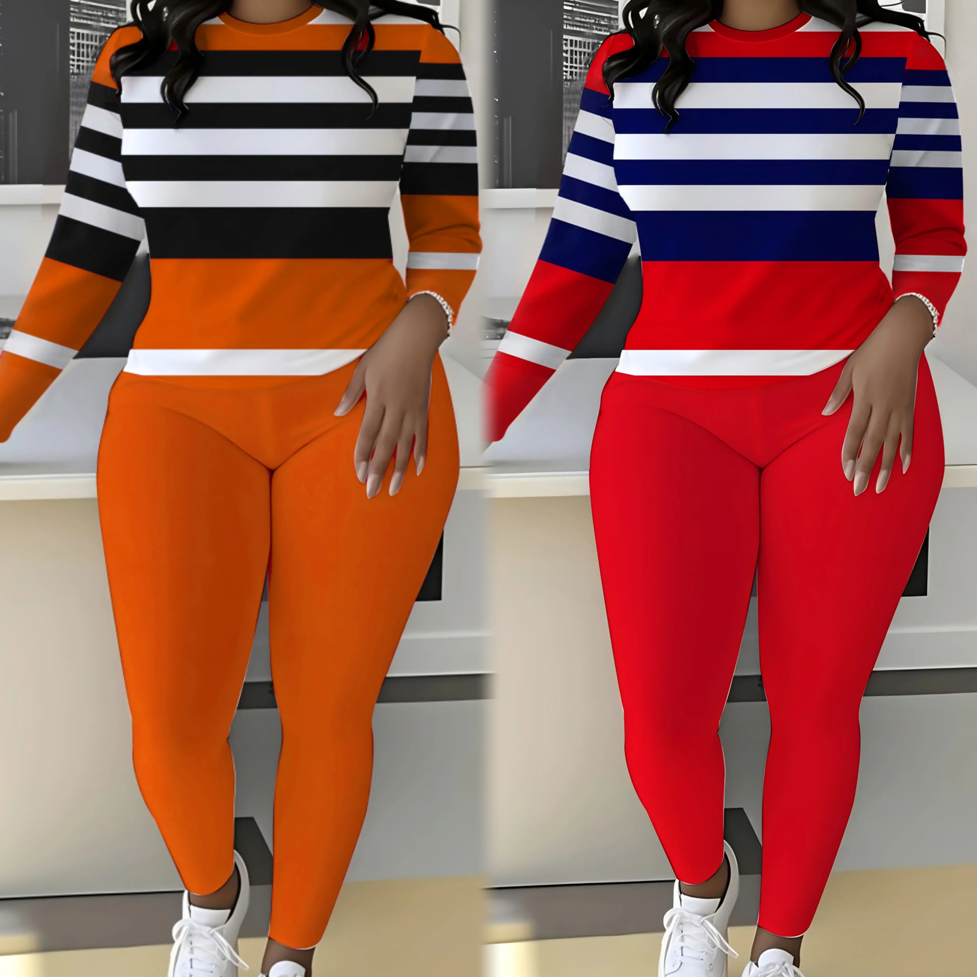 Women's 2-Piece Crewneck Long Sleeve Tracksuit, Athletic Casual Contrast-Stripe Slim-Fitting Plus Size Loungewear, Autumn Winter Everyday Sporty Chic Activewear Set, Machine Washable, Sports & Outdoor Clothing, Sweatshirt