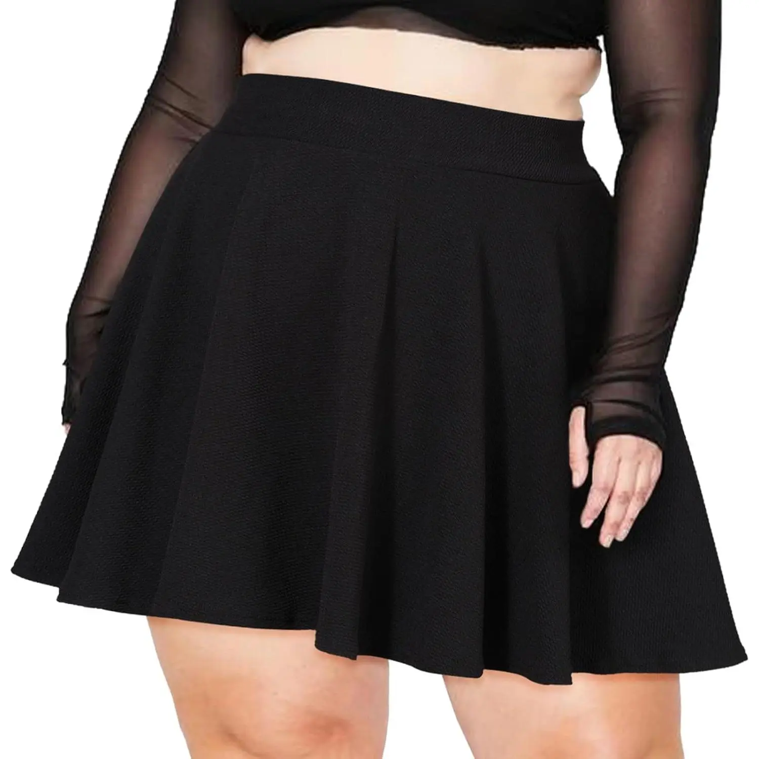 Women's Plus Size High-Rise Polyester Skater Skirt - A-Line Mini Length, Stretch Fabric, Elastic Waist, for Travel, Birthday Party, Date Nights, Solid Colors