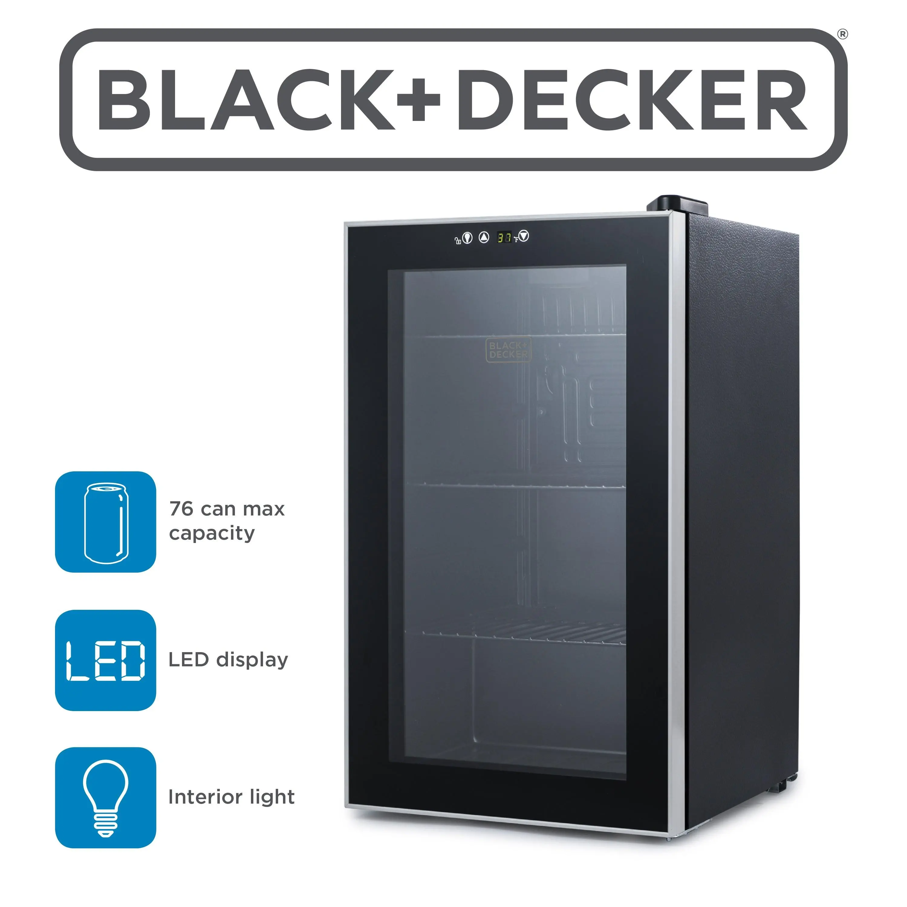 BLACK+DECKER Compact Adjustable 2.4 Cu. Ft. Beverage Cooler with Double Pane Glass Door, 76-Can Capacity for Casual Bedroom Use, BDB26HB, Beverage Fridge, Home Bar