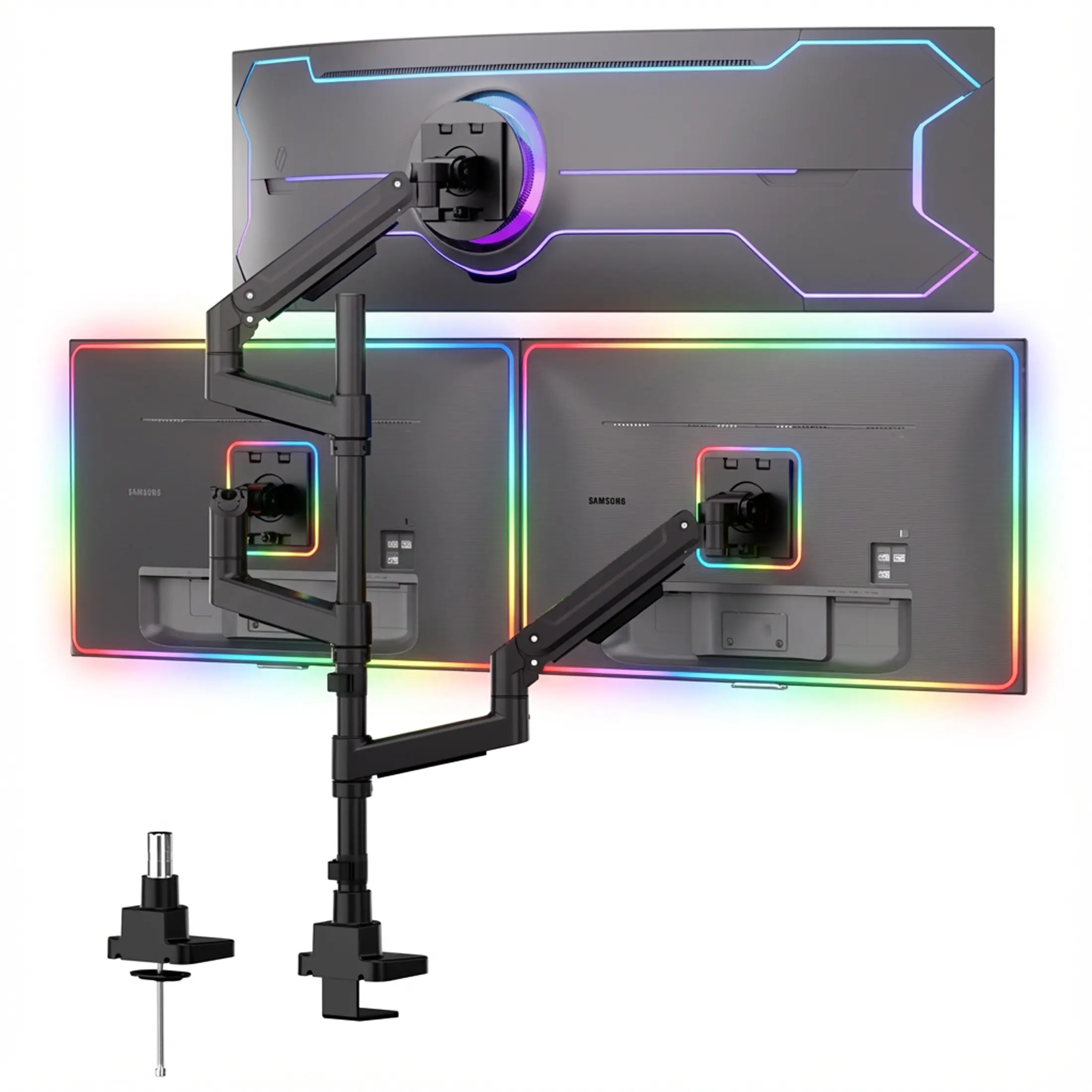 Mount-It! Heavy-Duty Triple Monitor Mount for Ultrawide + Dual Stacked Displays, Holds Up to 49" + Two 35" Screens, 44 lb Gas Spring Arms, Clamp/Grommet Mount, VESA Compatible