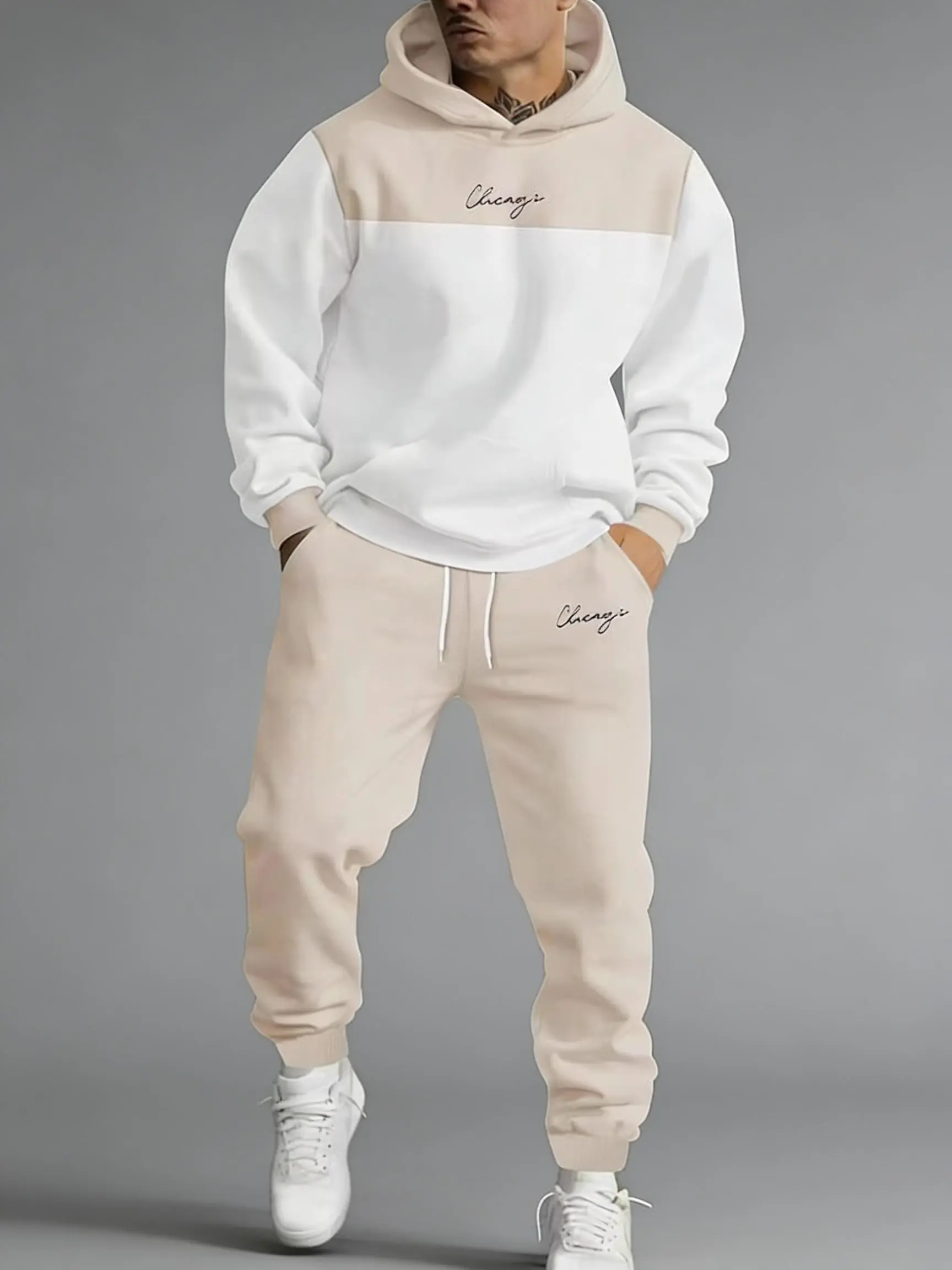 Men's 2-Piece Hoodie Tracksuit - Beige & White Color Block with "Chicago" Embroidery, Casual Outfit regular length top