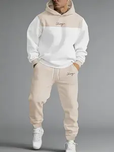 Men's 2-Piece Hoodie Tracksuit - Beige & White Color Block with "Chicago" Embroidery, Casual Outfit regular length top