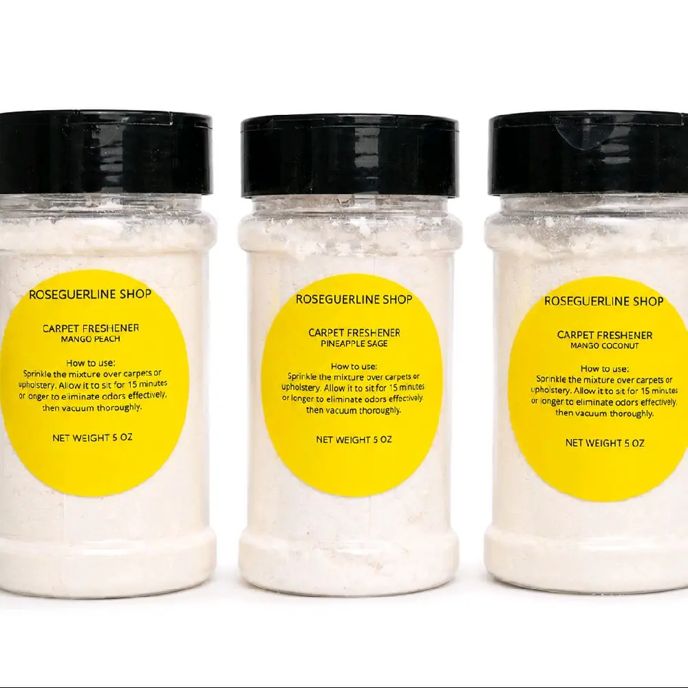 Roseguerline Household Scented Carpet Freshener Powder - Floral Cleaning Odor Eliminator for Carpets, Rugs, Upholstery & Rooms | 5 oz | Mango Peach, Pineapple Sage, Mango Coconut