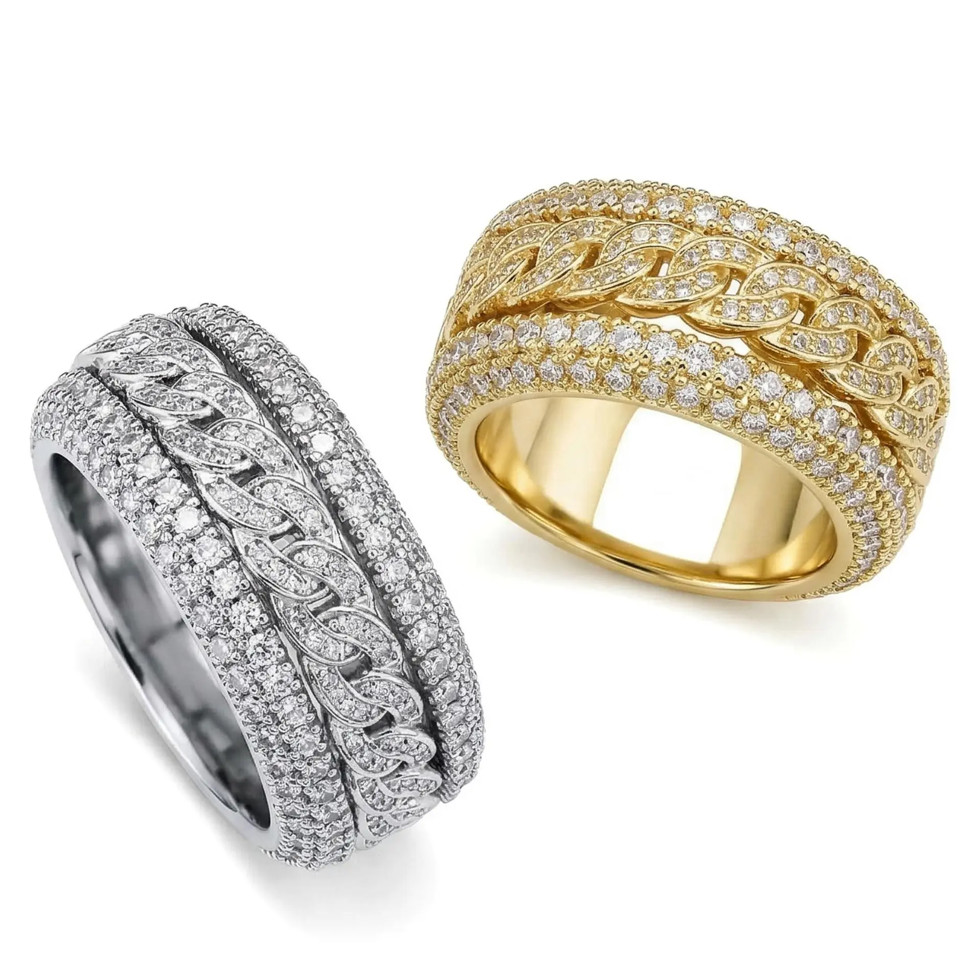 Men's Iced-Out Cuban Link Spinner Ring, Hip-Hop Style Copper Band Inlaid with Zircon, Rings, Statement Rings