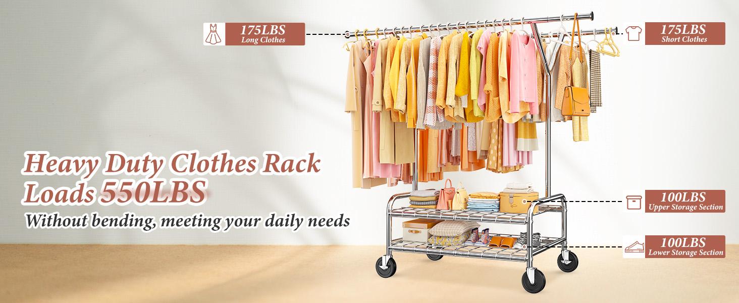 [RaybeeBrandyDay]Raybee Clothes Rack, Heavy Duty Clothing Rack Holds 441 LBS with Wheels & Shelf, Extendable, Adjustable, Commercial Garment Rack 22" D x 75" W x 68" H [BlackFridayCyberMonday]