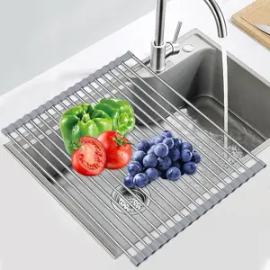 Extra Large Dish Drying Rack Expandable Roll Up Over The Sink SUS304 Stainless Steel Multipurpose Drainer Rack Up to 70Lb Foldable Heat Resistant Anti-Slip Silicone Coated 18.5 x 13.8 Inches