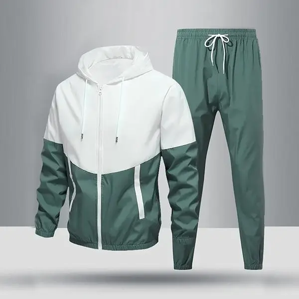 Men's Casual Sports Set Spring and Autumn Jacket and Pants Two-Piece Set Youthful Trendy Stylish Fashion Green & White Colorblock