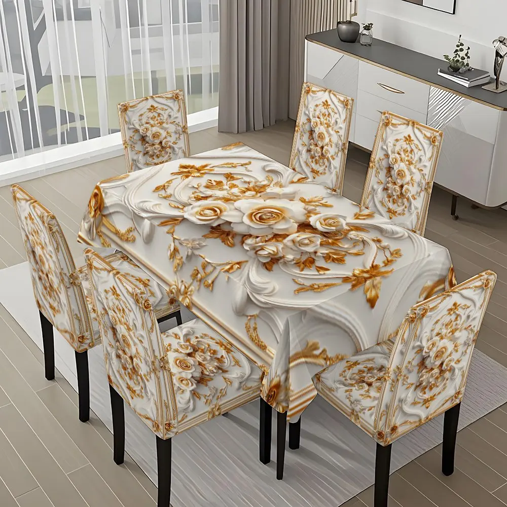 5/7-piece 2D Flat Printing White and Gold Relief Flowers Printing Pattern Tablecloth and Chair Cover Set, Chair Covers for Dining Chairs, for dining table and chair decoration, perfect for home, holiday gatherings, restaurants, and parties.