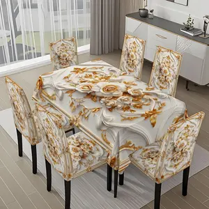 5/7-piece 2D Flat Printing White and Gold Relief Flowers Printing Pattern Tablecloth and Chair Cover Set, for dining table and chair decoration, perfect for home, holiday gatherings, restaurants, and parties.
