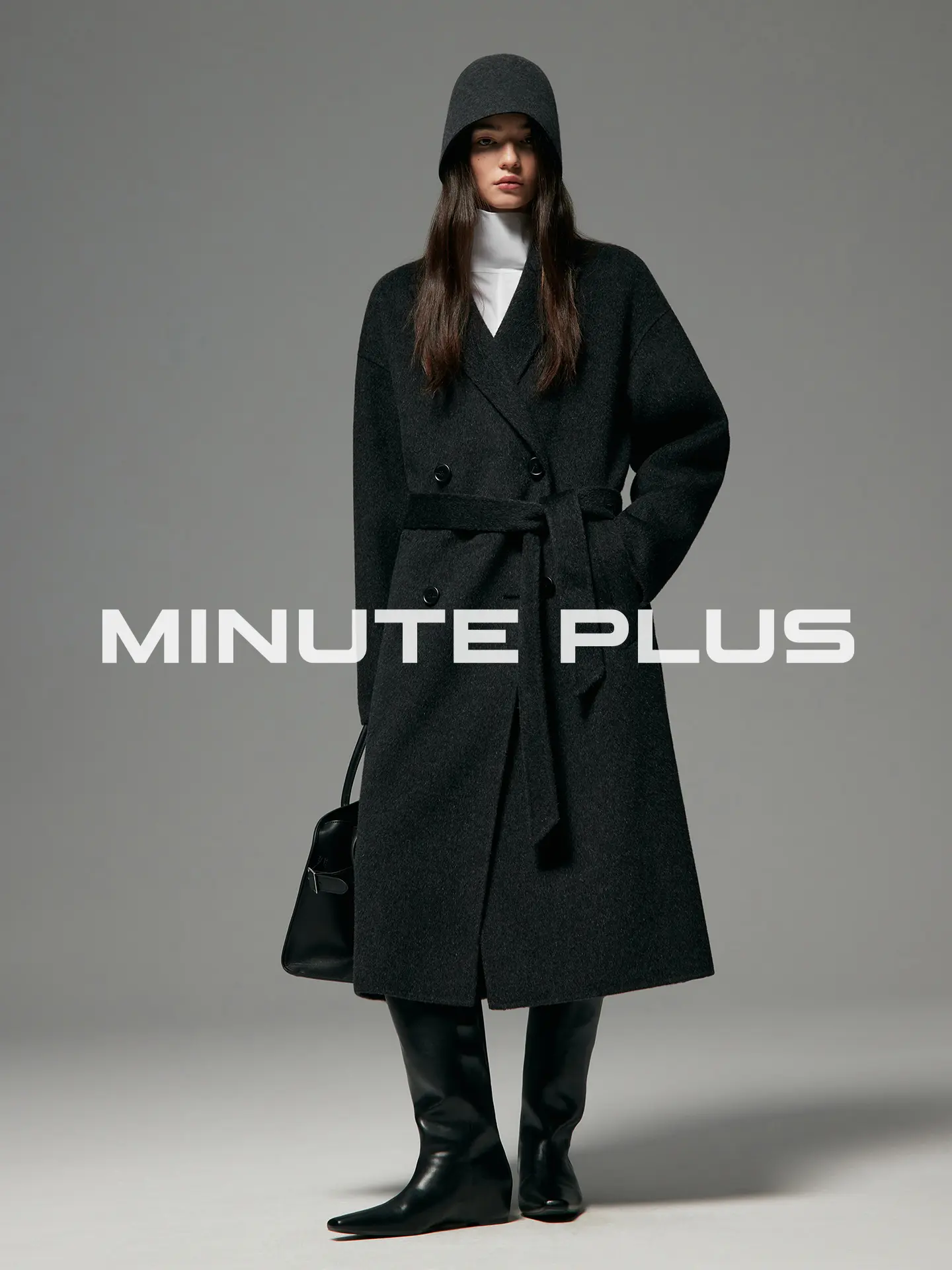 Women’s 100% Extra Fine Merino Wool Long Overcoat, Structured Peak Lapel Belted Wool Coat, Non-Itch Thermal Oversized Winter Outerwear, Cream & Charcoal Two Neutral Shades