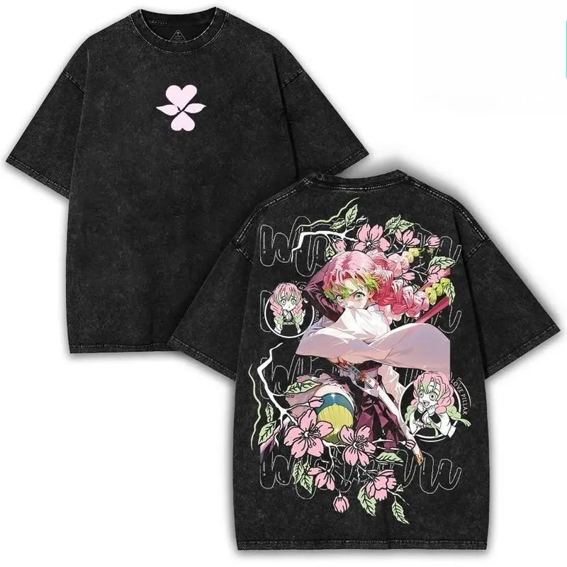 Men's Vintage Oversize Tee, Distressed Japanese Streetwear with Anime Figure Print, Casual Round Neck Short-Sleeve Top, Tshirt, Fitted