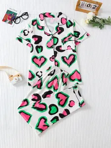 Women's 2-Piece Pajama Set Loungewear, Nightwear, Heart Pattern All over Print, Casual Fitted Top and Loose Long Pants, Comfortable Home Wear