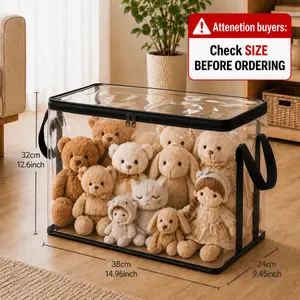 SummerVibes Stuffed Animal Storage PVC Organizer Bag Doll Storage Container Dustproof Box with Carrying Handle for Playroom Living Room Children's Birth, Black
