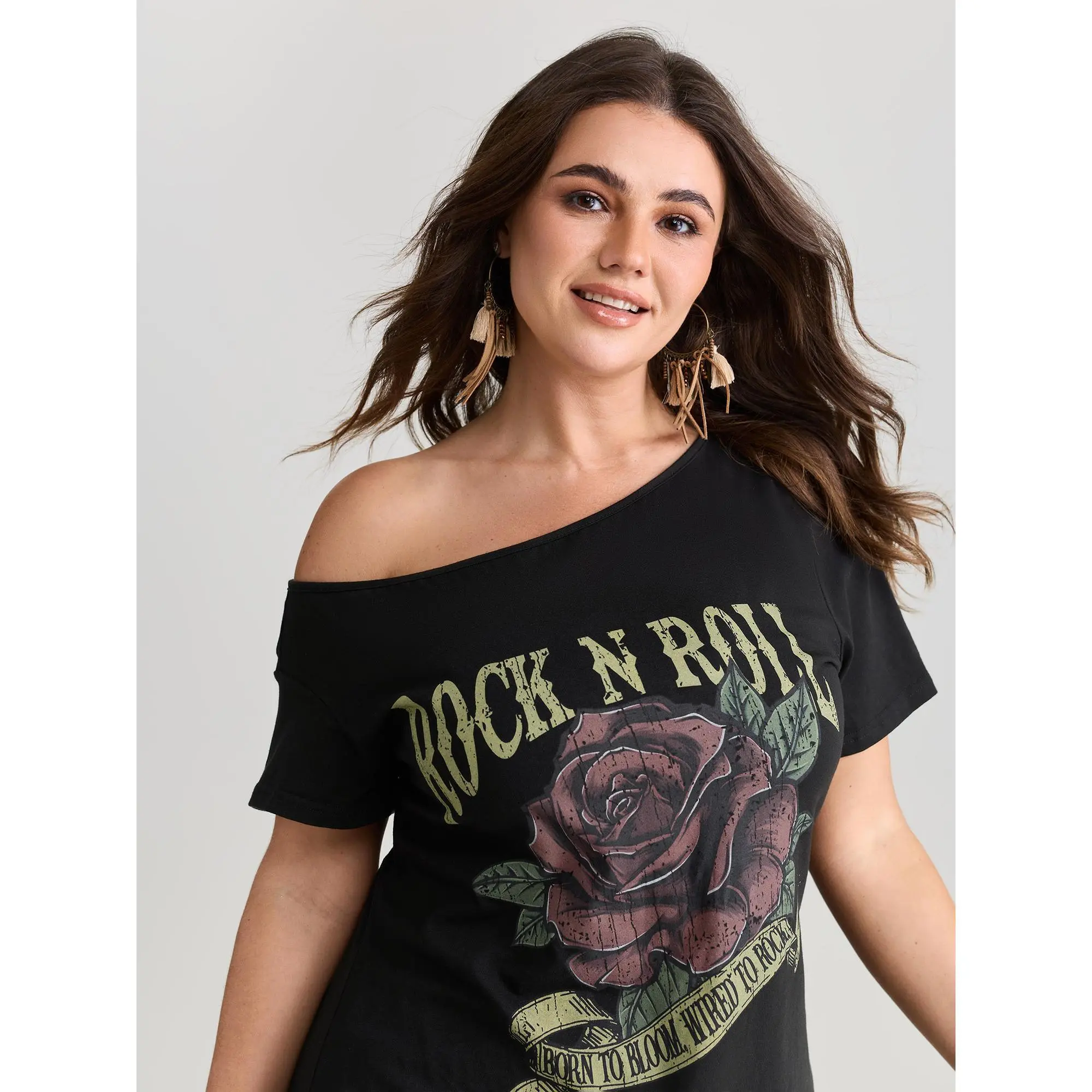 BLOOMCHIC Women's Plus Size Graphic T-Shirt [M-6X] - Rock And Roll Vintage Print Short Sleeve Tee, Soft Cotton Blend Casual Top, Everyday Summer Outfit,Summerfinds,summeroutfits,vacationoutfits,beachoutfitsl,back to school shopping