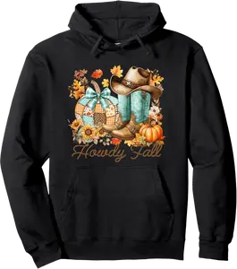 Howdy Fall Cute Western Boots Pumpkin Patchwork Cowgirl Hat Pullover Hoodie - Elizabethtej Shop 21B0FLQ8JW2L