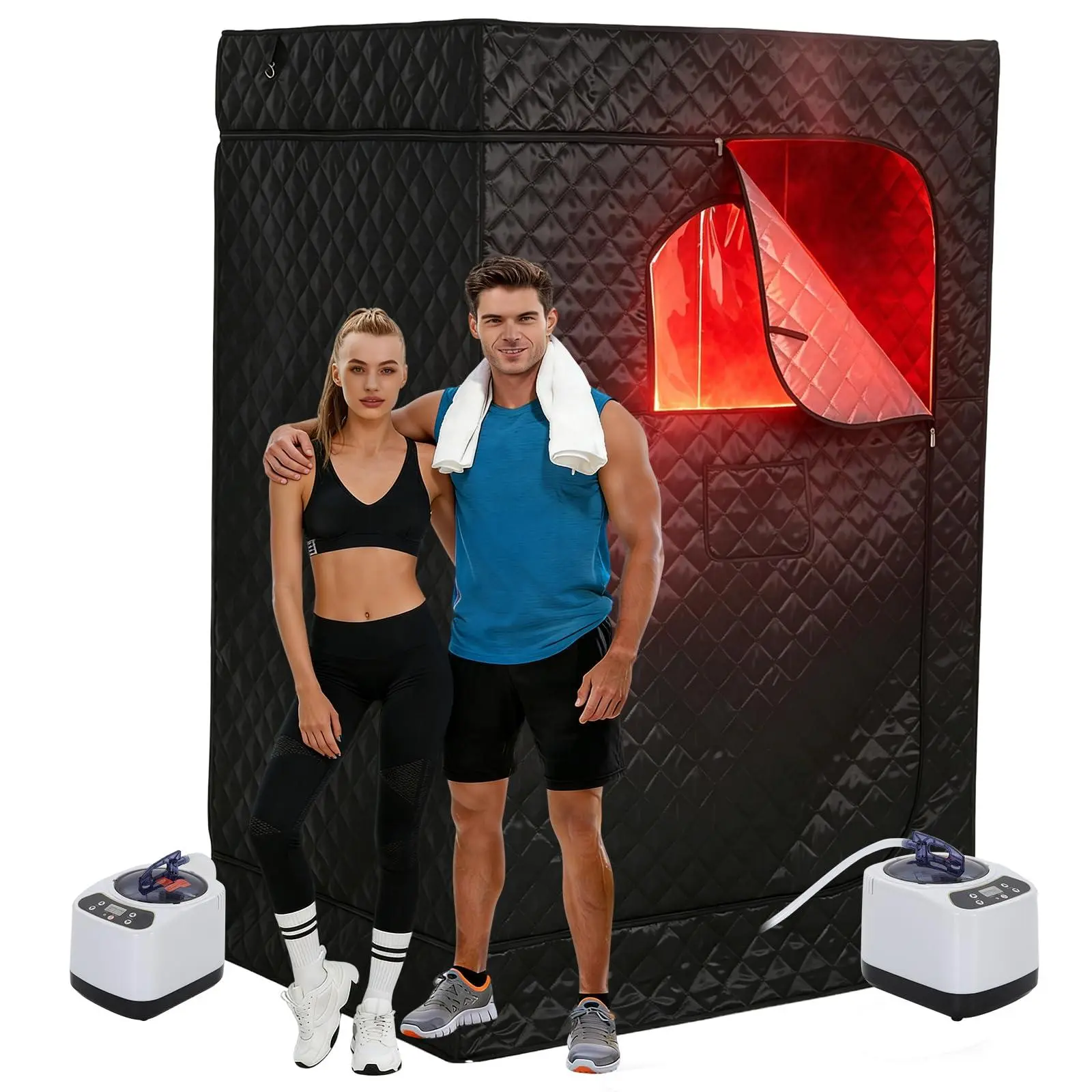 2 Person Infrared Sauna Portable for Home with 2 Steamer 2 Folding Chair Remote Control 9 Temp Levels 99 Min Timer 35x48x71 Inch, Black