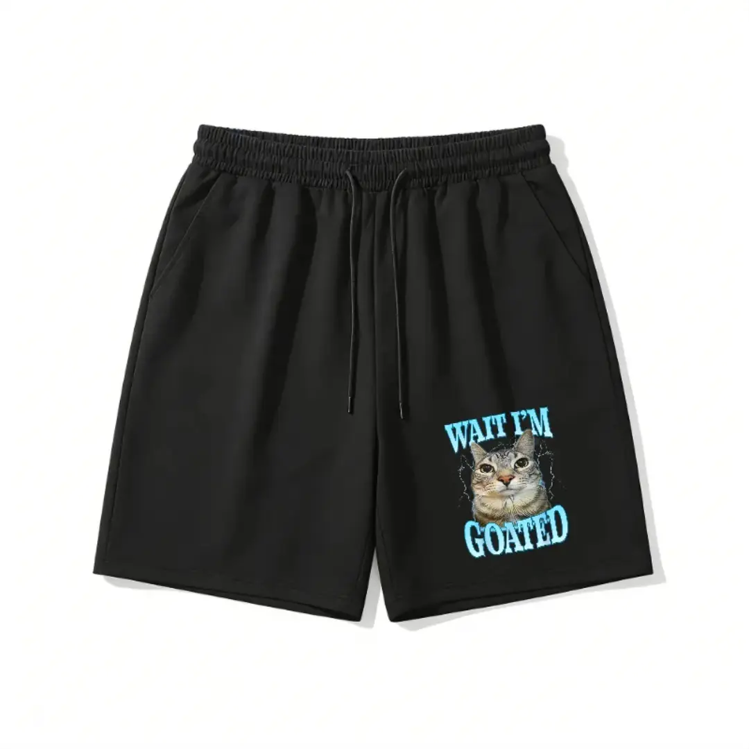 Men's Graphic Shorts, Streetwear 'Goated' Cat & Lightning Print, Breathable Cotton-Blend Fabric with Drawstring Waist and Pockets, Relaxed Fit for Summer