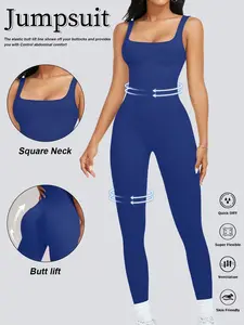 Womens Workout Rompers Jumpsuits Seamless Ribbed Yoga Gym One Piece Sleeveless Square Neck Tank Top Leggings Unitard Stylish Activewear Sporty Jumpsuit