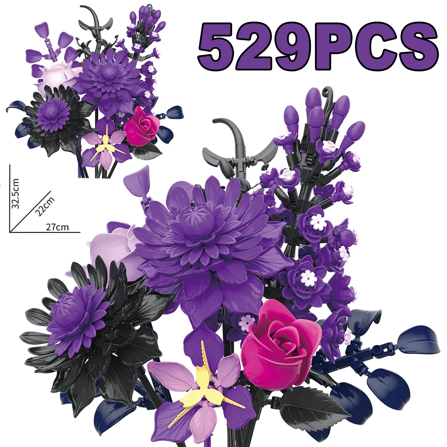 Purple Black Gothic Rose Bouquet Building Blocks Kit, Creative DIY Building Model, Botanical Collection Gift Toy for Adult Home Decoration