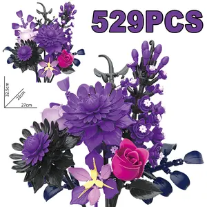 Purple Black Bouquet Building Block Set Flowers Botanical Collection Gothic Home Roses Decoration Brick Model Toy For Adult Gift