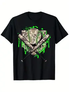 Baseball Home Plate Ice Cream Dripping Camouflage T-Shirt for Boys Fashion Trend Bottoming Shirt Breathable, Casual Comfortable Top Streetwear Fashion Casual Summer Tee Crew Neck Short Sleeve T-Shirt Best Gift for Boy Girl