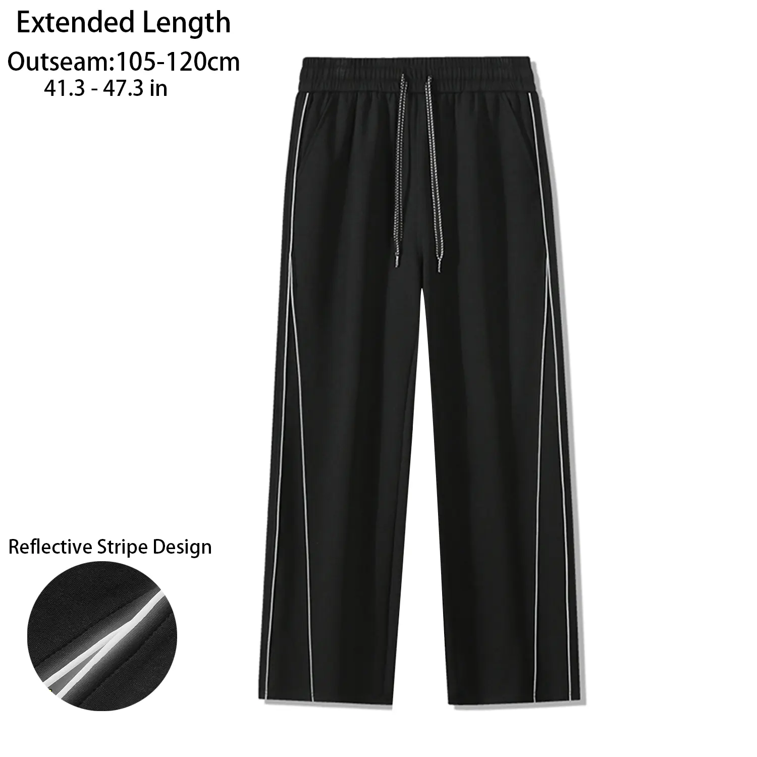 Men's Extra Long Straight Cotton Blend Track Pants, Elastic Drawstring Waist, Reflective Stripes, 105-120cm Extended Length, Loose Fit, All Seasons Casual Streetwear for Tall Guys Night Safety