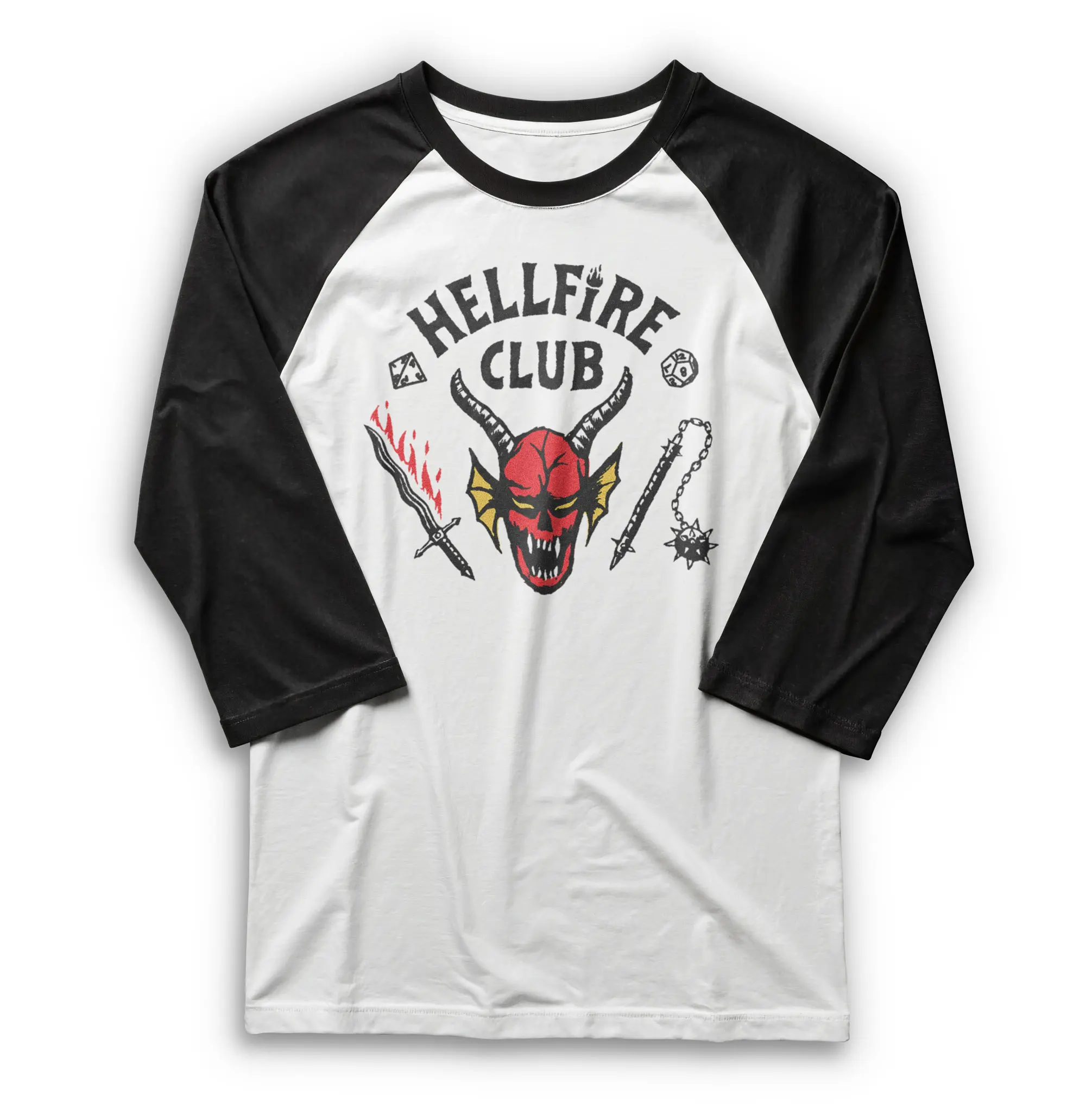 Stranger Things T-Shirt, Men's Hellfire Club Graphic Raglan with 3/4 Sleeves, Stylish Officially Licensed Costume Top, Baseball, Demon, Menswear