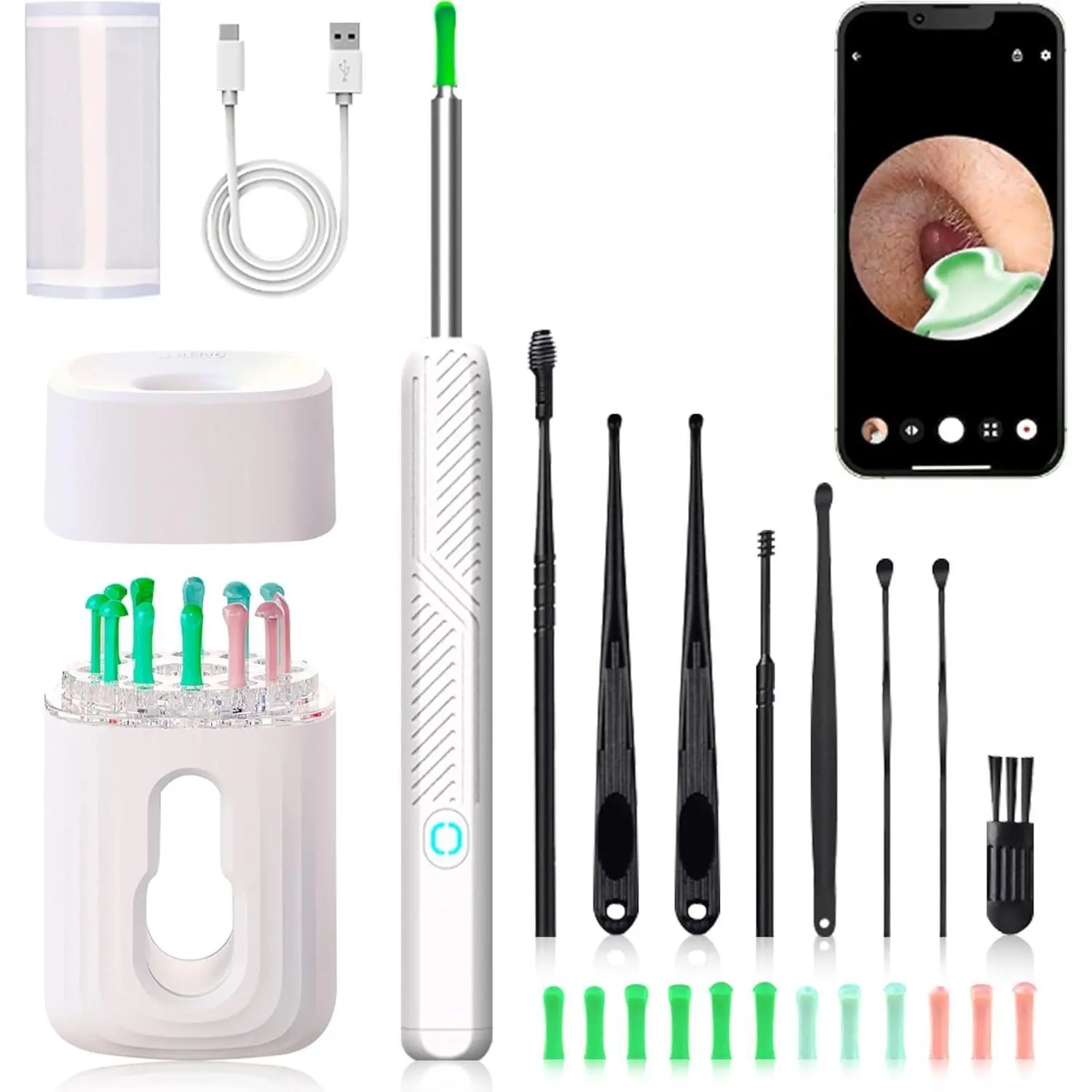 Rechargeable Ear Wax Removal Tool - Upgraded Silicone Wireless Ear Cleaner Kit with 1080 HD Camera and Storage Case, 12 Ear Picks & 8 Replacement Tips Daily