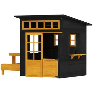 Wooden Dog Kennel, Outdoor Pet Playhouse with Picnic Table, Benches, Chalkboards, Half Door, Windows, for Pets (Ages Equivalent to 3-8 Year-Old Kids)