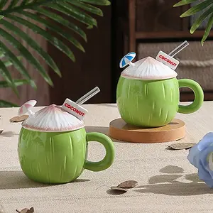 Creative Coconut Tree Shape Ceramic Cup with Lid and Straw, Unique Design Coffee Mug, Perfect for Home Decor and Daily Use