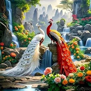 Red white peacock waterfall landscape wall art .Multiple sizes available including square and round diamonds. This 5D DIY diamond painting set diamond art embroidery kit handmade furniture decor holiday birthday art personalized gift Embroidery Design.