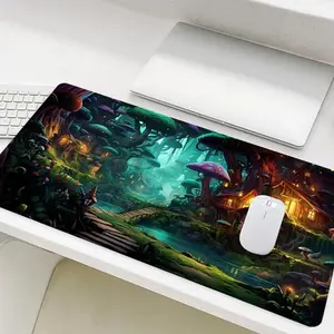 Mushroom Forest Pattern Mouse Pad, Large Gaming Mouse Pad, Office Desk Accessories, Non-slip Rubber Base Stitched Edge Desk Pad for Laptop Desktop