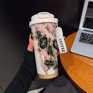 Abstract Skull Texture Coffee Cup, Portable Dual Drink Insulated Tumbler, Keeps Warm/cold, Boho Style, Ideal for Office, Travel, Sports