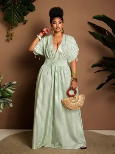 Plus Size Striped Long Dress, V Neck Tie Waist Design, Elegant Casual Wear, Women's Fashion Clothing