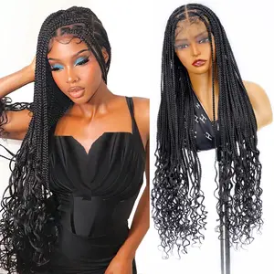 SuperNova 36 Inch Knotless Box Braided Wig Full Lace Synthetic Hair with Curly Ends Natural Hairline Lightweight Breathable Protective Style
