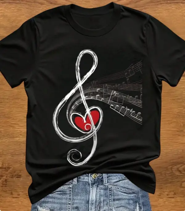 Women's Comfortable Short-Sleeve Cotton Top, Music Lover T-Shirt with Treble Clef Heart Note Heat Transfer Print for Summer Casual Hangouts, Music Festivals