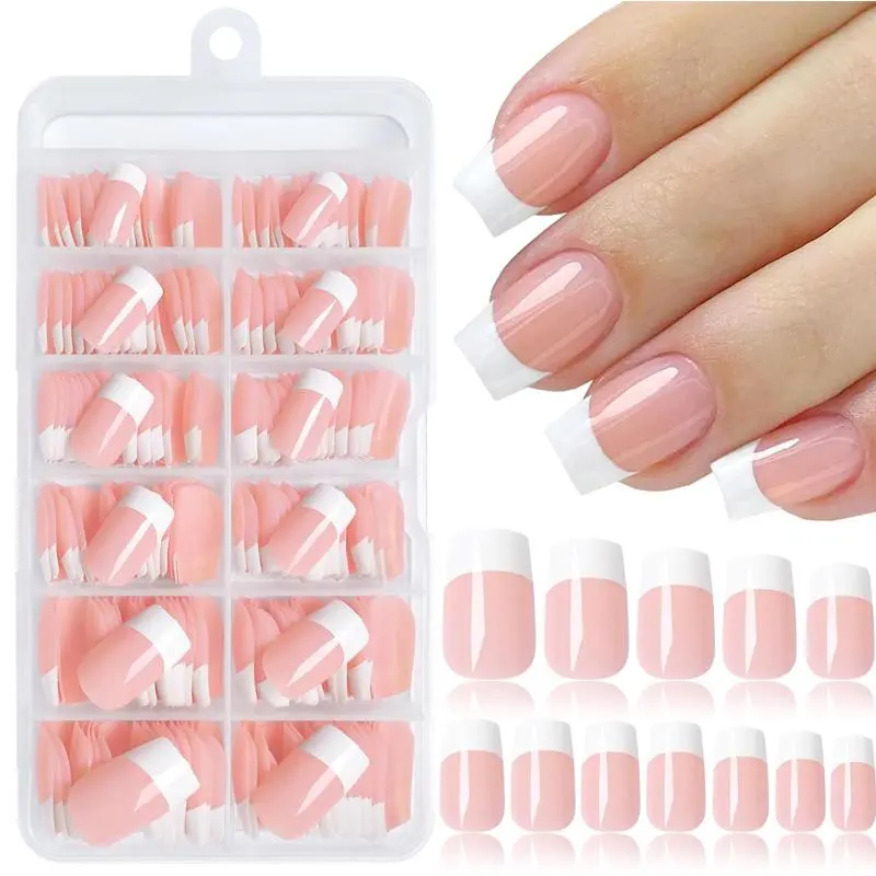 French Tip Press on Nails, 120pcs/set Short Square Glossy Fake Nails Kit with Nail File & Jelly Glue & Stick, Reusable Press on Nails Home Nail Art for Women & Girls DIY Nail Art, Christmas Gift, French Tips Nails