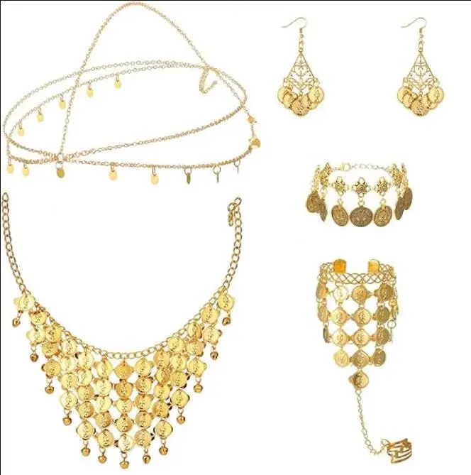 Belly Dance Jewelry Set Women Belly Dance Gold Sequins Head Chain Coins Necklace Earrings Bracelets Bohemian Tassel Anklet Chain Hand Ring Bracelet Anklet Coin Veil Necklace