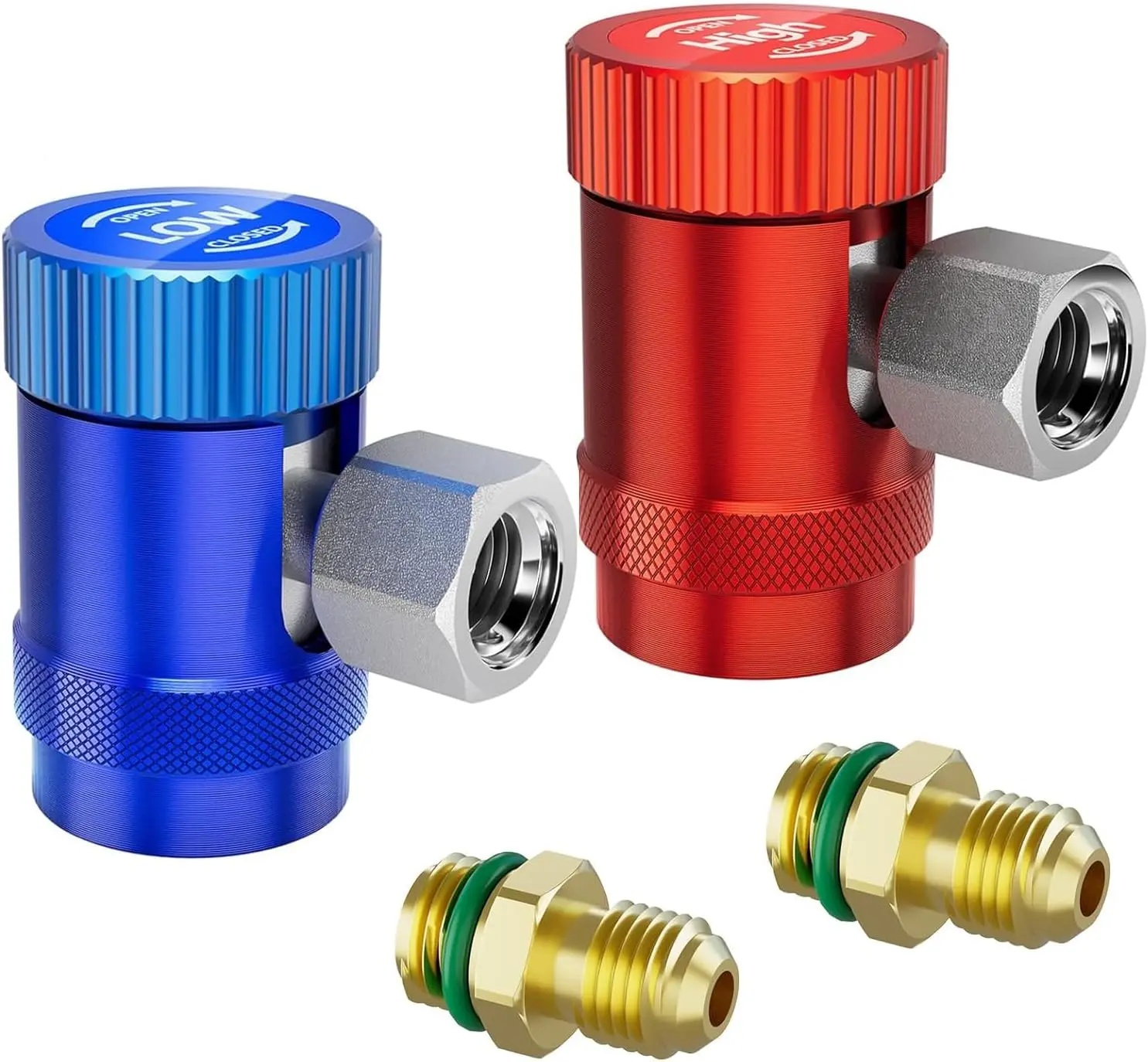 HTOMT R1234yf Adjustable Quick Coupler Set, 2-Piece Aluminum Bronze High/Low Side Adapters with Knurled Grip for Automotive AC Service Ports, 1 X R1234yf High Side Coupler tiktokshopbacktoschool, 1/4-Inch Male Flare Fittings