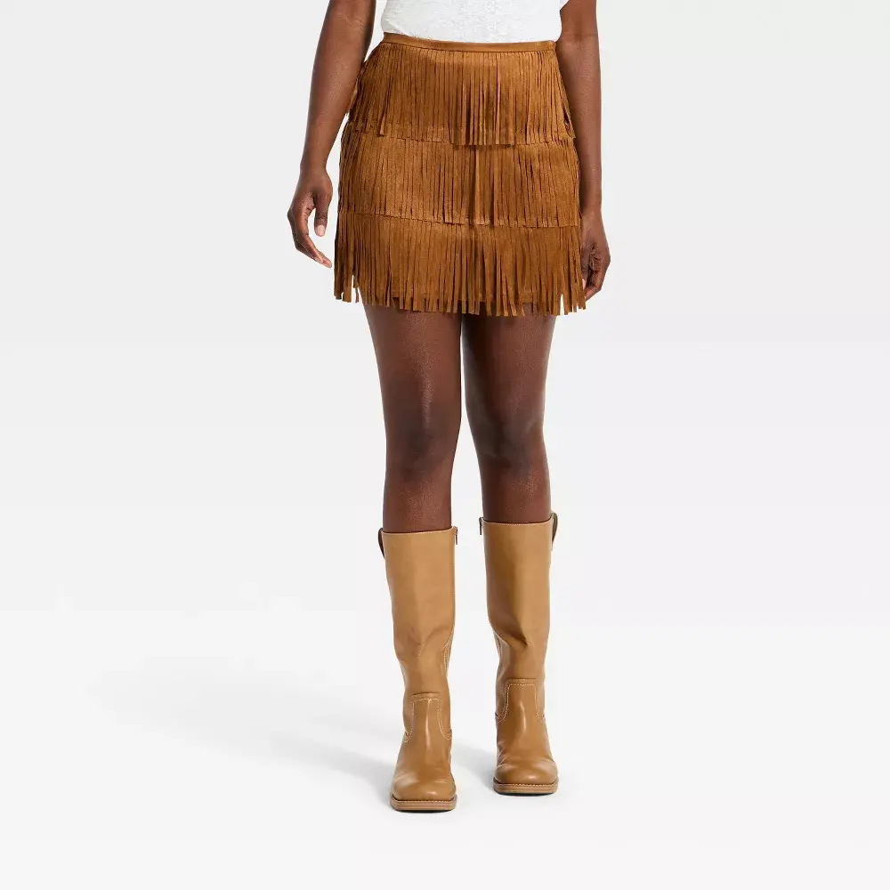 Women's Western Fringe Casual Mini Pantskirt - Polyester Fabric, Zipper Detail, Stylish Design